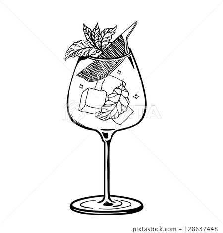 Hand Drawn Wine Glass Cocktail with Ice Lemon Slice and Mint Leaves Black and White Line Art Illustration of Refreshing Summer Beverage for Bar Menu and Elegant Drink Design Hand Drawn Wine Glass Cocktail with Ice Lemon Slice and Mint Leaves Black and White Line Art Illustration of Refreshing Summer Beverage for Bar Menu and Elegant Drink Design 128637448