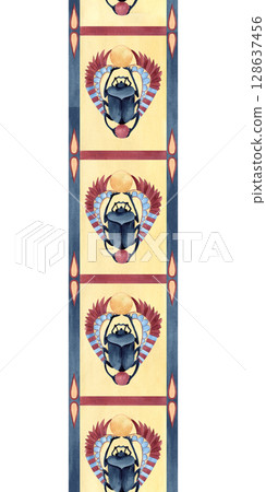 Scarab beetle seamless border. Ancient Egyptian vertical ornament, symbols, geometric patterns. Watercolor isolated illustration. Religion icon culture concept for textile, decorative items, souvenir Scarab beetle seamless border. Ancient Egyptian vertical ornament, symbols, geometric patterns. Watercolor isolated illustration. Religion icon culture concept for textile, decorative items, souvenir 128637456