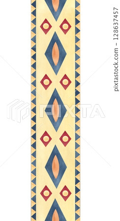 Ancient ethnic ornament seamless border, folklore geometric shapes, figures. Abstract vertical lines. Watercolor isolated illustration. Clip art for textile, packaging, souvenirs, stationery, fabric 128637457