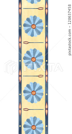 Abstract lotus ornament seamless border. Ancient Egyptian vertical symbols, geometric patterns. Watercolor isolated illustration. Ethnic culture concept for textile, decorative items, stationery 128637458