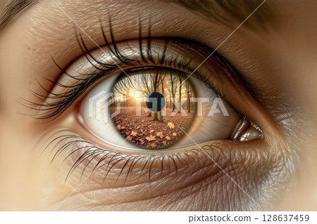 Macro of a human eye reflecting an autumn forest, a vision concept. AI generated. Macro of a human eye reflecting an autumn forest, a vision concept. AI generated. 128637459