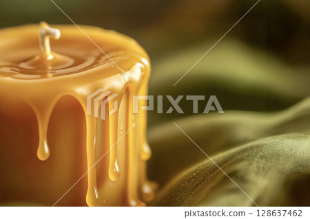Macro of a melting beeswax candle for wellness and relaxation. AI generated. 128637462