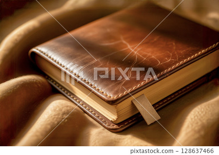 Old leather journal for writing, study, or prayer. AI generated. Old leather journal for writing, study, or prayer. AI generated. 128637466