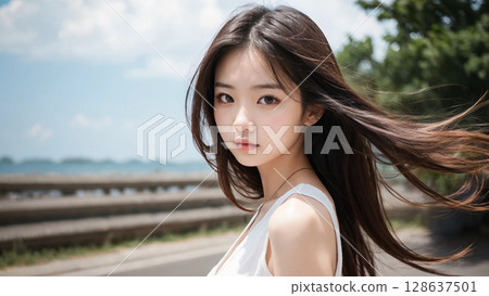 woman blowing her hair 128637501
