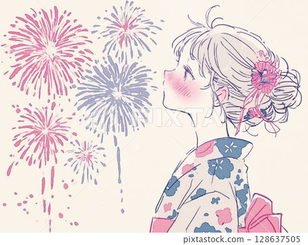 A girl in a yukata and a summer fireworks festival 128637505