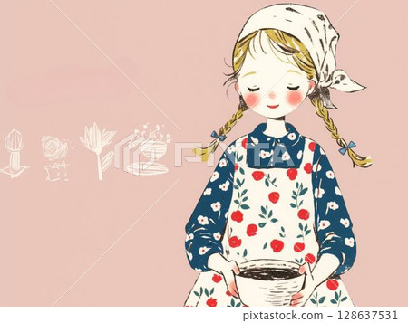 A girl in an apron enjoying handmade time 128637531