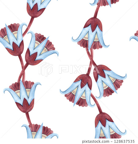 Sacred lotus seamless pattern Egyptian vertical composition. Abstract flowers, Ancient ethnic symbols, ornament. Watercolor illustration isolated from background. For textile, packaging, fabric Sacred lotus seamless pattern Egyptian vertical composition. Abstract flowers, Ancient ethnic symbols, ornament. Watercolor illustration isolated from background. For textile, packaging, fabric 128637535