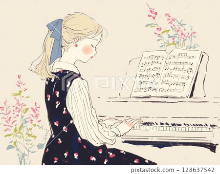 A girl with a ribbon facing a white piano A girl with a ribbon facing a white piano 128637542