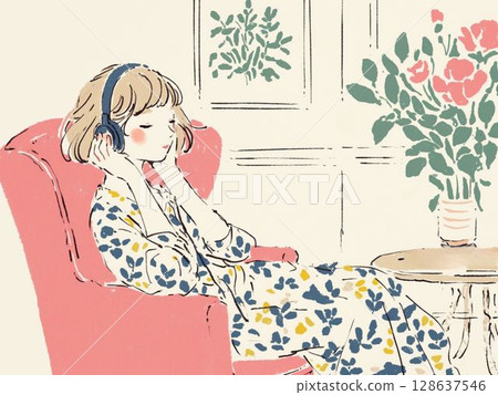 放鬆和聽音樂的女孩 128637546