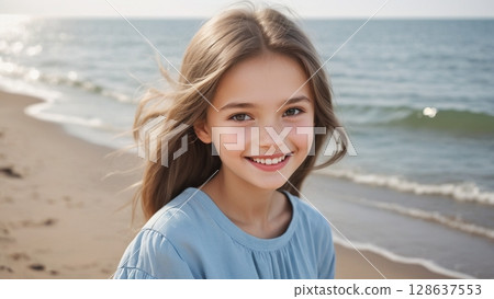 Smiling girl standing on the beach 128637553
