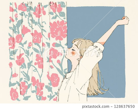 花卉窗簾與清晨的陽光：女孩的早晨習慣 128637650