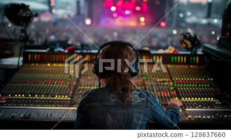 A woman operates the sound system using an analog mixer A woman operates the sound system using an analog mixer 128637660