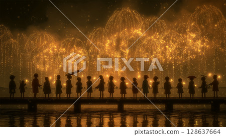 孩子們穿著雨衣欣賞煙火的夜晚 128637664