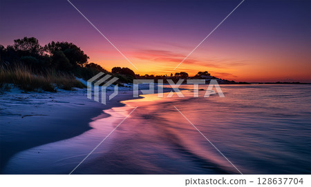 A fantastic seaside landscape painted in the crimson of late summer 128637704