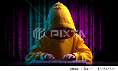 身穿黃色連帽衫的兒童操作電腦 128637728