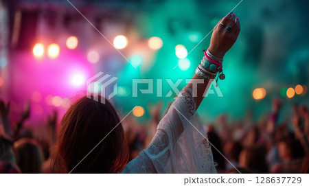 Women raising their arms and enjoying a music festival 128637729