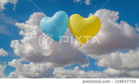 正午的天空中漂浮著天藍色和檸檬色 128637730