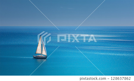 A sailing boat floating in a refreshing blue sky 128637862