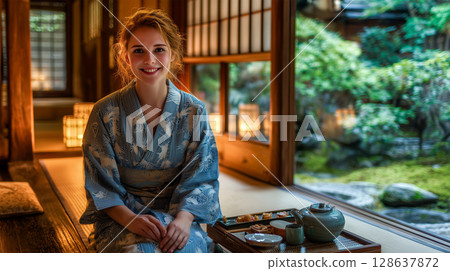 一位身著和服的女子在日本旅館的陽台上微笑 128637872
