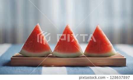 一位身後披著藍白條紋布的婦女,看著擺放在木板上的草莓造型的西瓜 一位身後披著藍白條紋布的婦女,看著擺放在木板上的草莓造型的西瓜 128637897