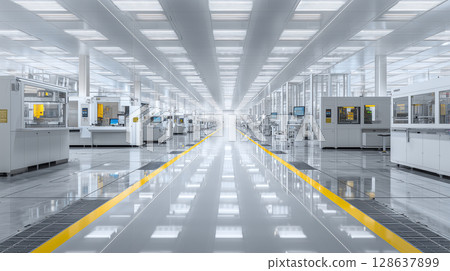 An unmanned and orderly internal view of a semiconductor factory clean room An unmanned and orderly internal view of a semiconductor factory clean room 128637899