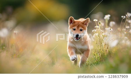 一隻柴犬在草地上玩耍的清爽肖像 128637909