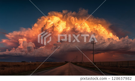 A man looks up at the cumulonimbus clouds at the end of an abandoned road in the afternoon 128637982
