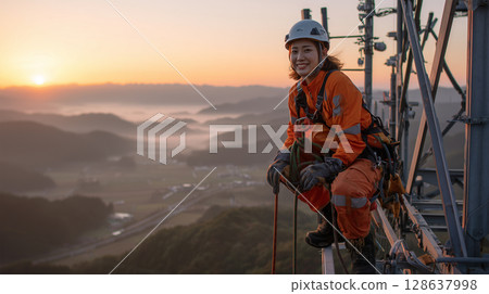 A woman puts on safety gear at a transmission tower 128637998