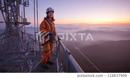 A woman puts on safety gear at a transmission tower 128637999