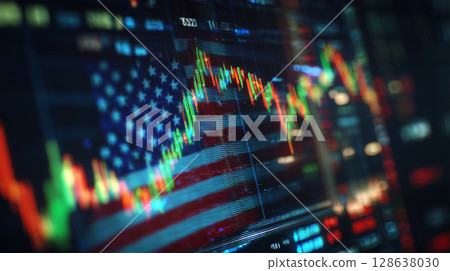 American flag and investment data on a digital screen 128638030