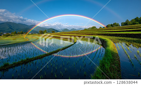 A rainbow appears over the terraced rice fields against the blue sky 128638044