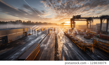 工廠外觀及其貨櫃裝卸區,靜靜地沐浴在日出之時 工廠外觀及其貨櫃裝卸區,靜靜地沐浴在日出之時 128638074