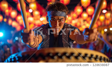 The moment when a boy powerfully beats a drum at a night festival The moment when a boy powerfully beats a drum at a night festival 128638087