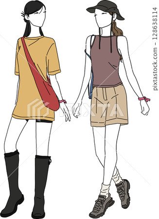 Fashion illustration of casual women enjoying a summer festival Fashion illustration of casual women enjoying a summer festival 128638114