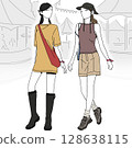 Fashion illustration of casual women enjoying a summer festival 128638115