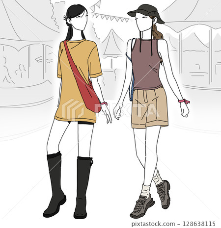 休閒女性享受夏日節慶的時尚插畫 休閒女性享受夏日節慶的時尚插畫 128638115