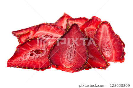 Dried strawberry slices isolated on white background. Dehydrated strawberries chips. Clipping path. 128638209