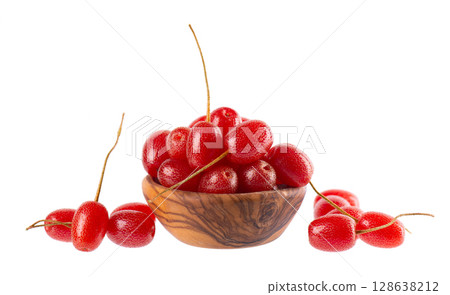 Elaeagnus multiflora isolated on white background. Cherry elaeagnus or cherry silverberry in wooden bowl. Goumi or gumi berry. 128638212