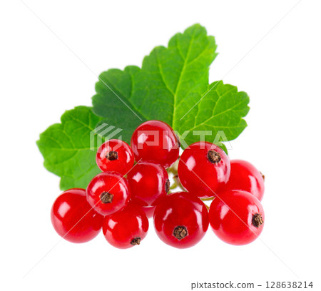Red currant isolated on white background. Redcurrant or Ribes rubrum ripe berries with green leaves. Red currant isolated on white background. Redcurrant or Ribes rubrum ripe berries with green leaves. 128638214