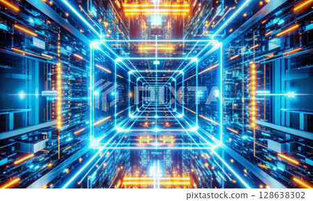 Cyberpunk-style light corridor with motion effect in perspective Cyberpunk-style light corridor with motion effect in perspective 128638302