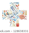 Medicines and medical products in a cross-shaped composition. Watercolor illustration with outline isolated on white background. Design for clinics, hospitals, pharmacies. 128638331