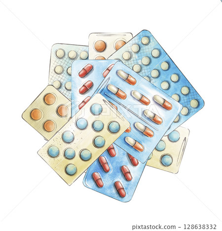 A bunch of various multicolored tablets and capsules in blisters isolated on a white background. Top view. Watercolor illustration with outline. Concept of medicine and pharmacology. 128638332