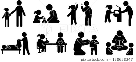 Set of silhouette illustrations of parents and children depicting child-rearing scenes at home Set of silhouette illustrations of parents and children depicting child-rearing scenes at home 128638347