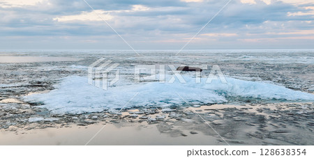 Peaceful scene of ice floes drifting in calm ocean waters with stunning sunset sky. Reflective water surface captures colorful clouds, evoking serenity and tranquility Peaceful scene of ice floes drifting in calm ocean waters with stunning sunset sky. Reflective water surface captures colorful clouds, evoking serenity and tranquility 128638354