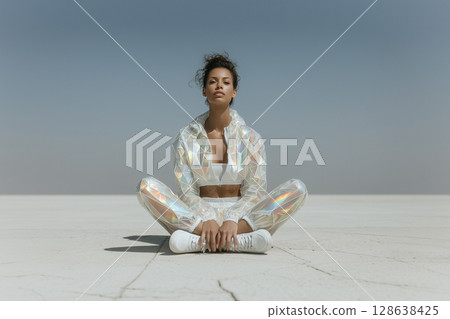 A woman is sitting on the ground in a white outfit 128638425