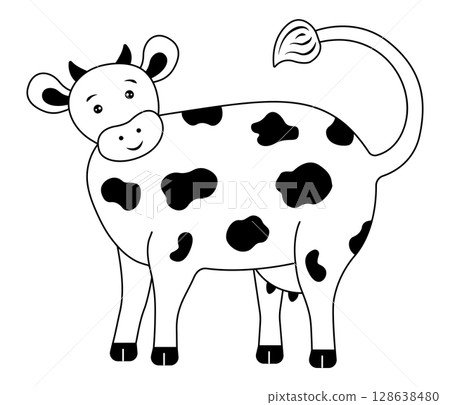 Spotted cute cow with horns, curious happy farm animal, vector black and white illustration 128638480