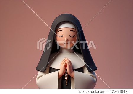 3d cartoon nun praying with rosary beads, religious devotion concept in playful illustration style 128638481