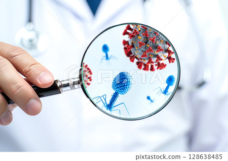 Magnified view of colorful virus particles under glass, microbiology and disease research concept 128638485