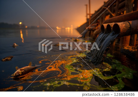Industrial waste contaminating river water, toxic effluent flow from factory pipes causing environmental damage 128638486