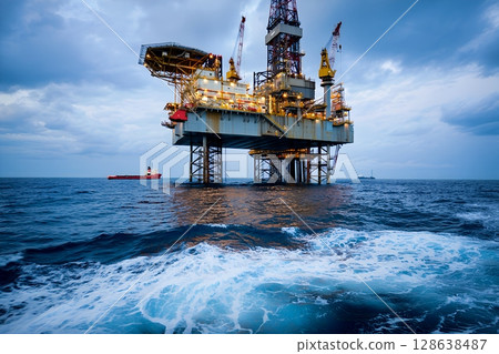 Offshore oil rig standing in ocean under cloudy sky, energy industry and marine environment 128638487